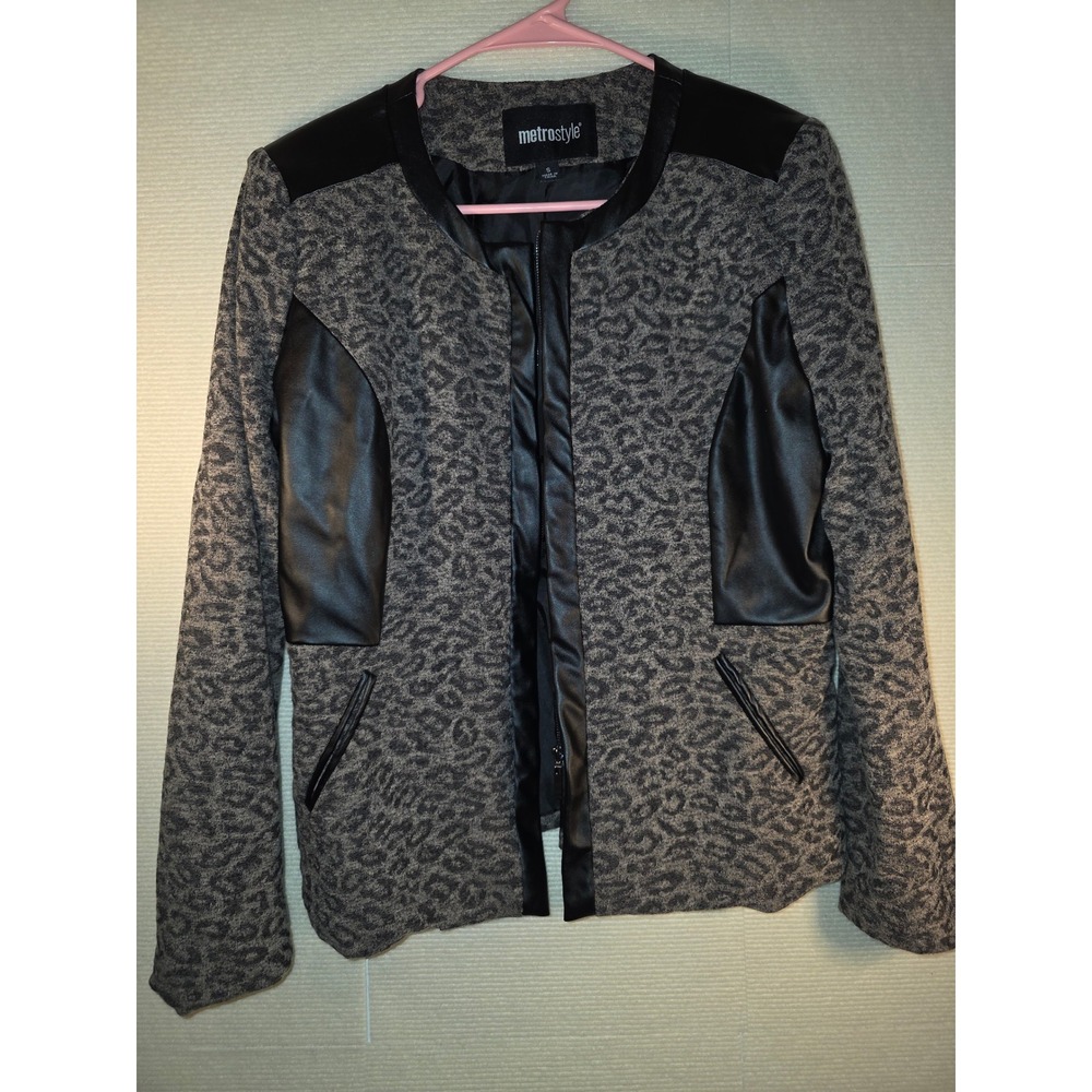Metrostyle Womens Leopard Animal Print Faux Leather Trim Zip Jacket Grey Small